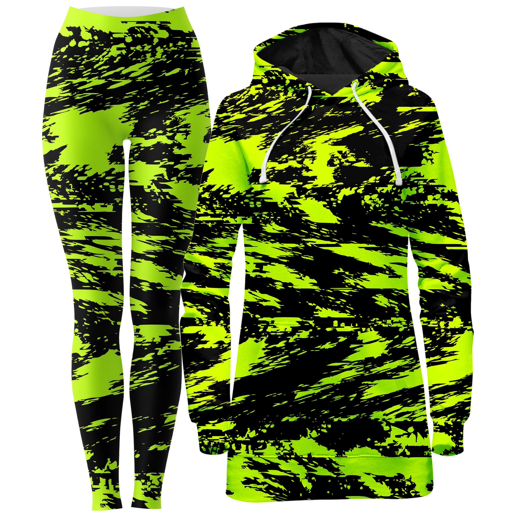 Black Lime Bolt Glitch Hoodie Dress and Leggings Combo Black Lime Bolt Glitch Hoodie Dress and Leggings Combo