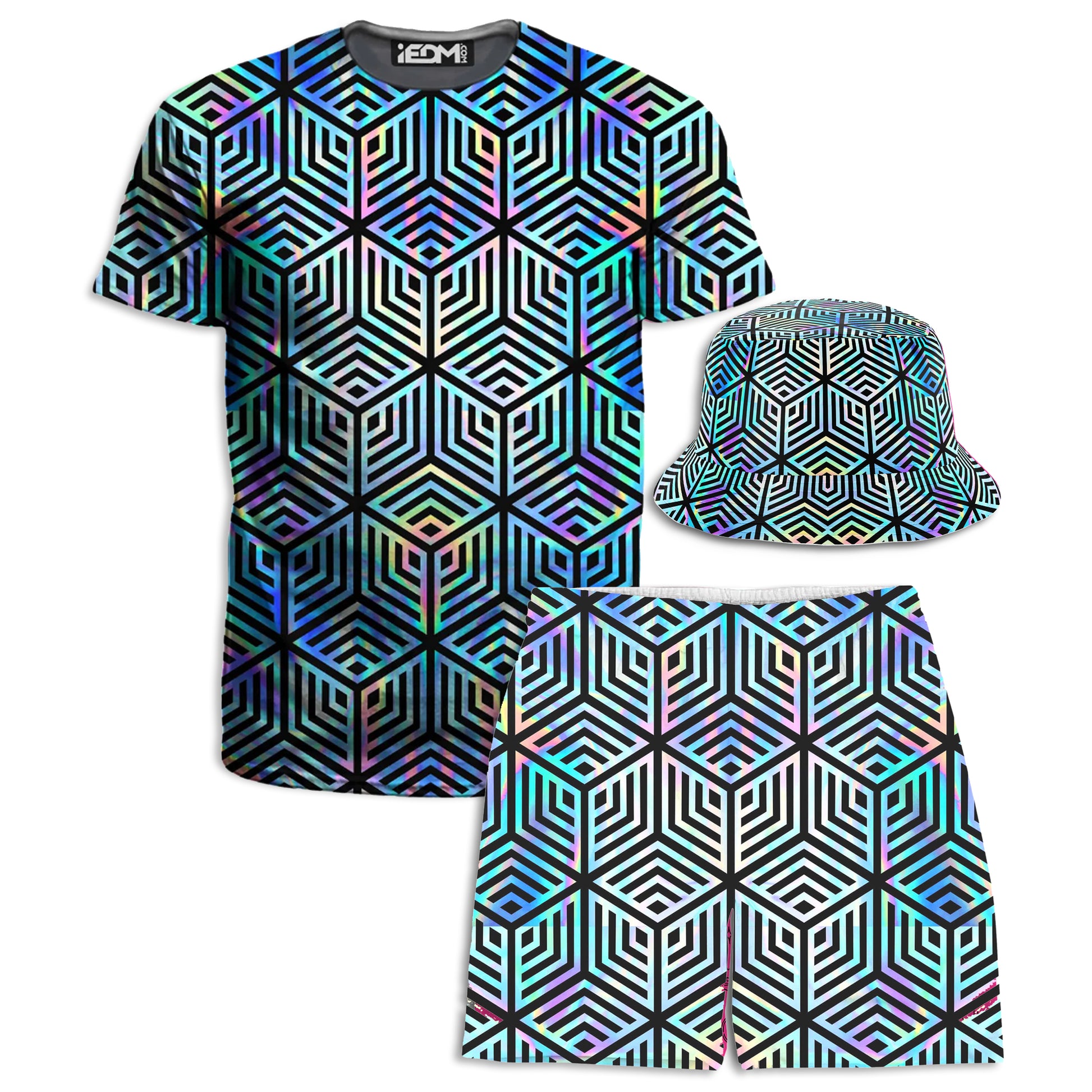 Holographic Hexagon T-Shirt and Shorts with Bucket Hat Combo, Noctum X Truth, | iEDM