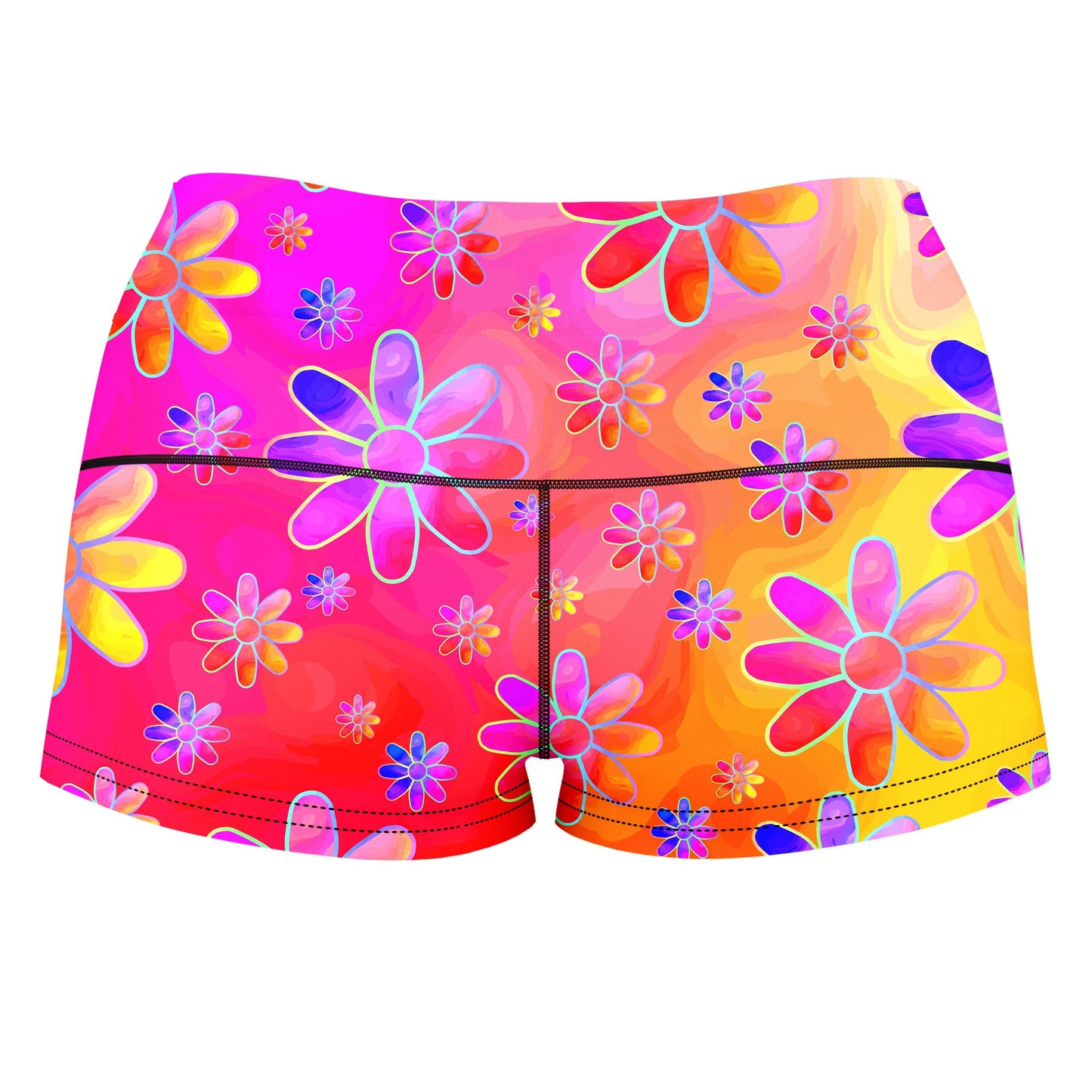 Hippie Trippy Flowers High-Waisted Women's Shorts, Sartoris Art, | iEDM