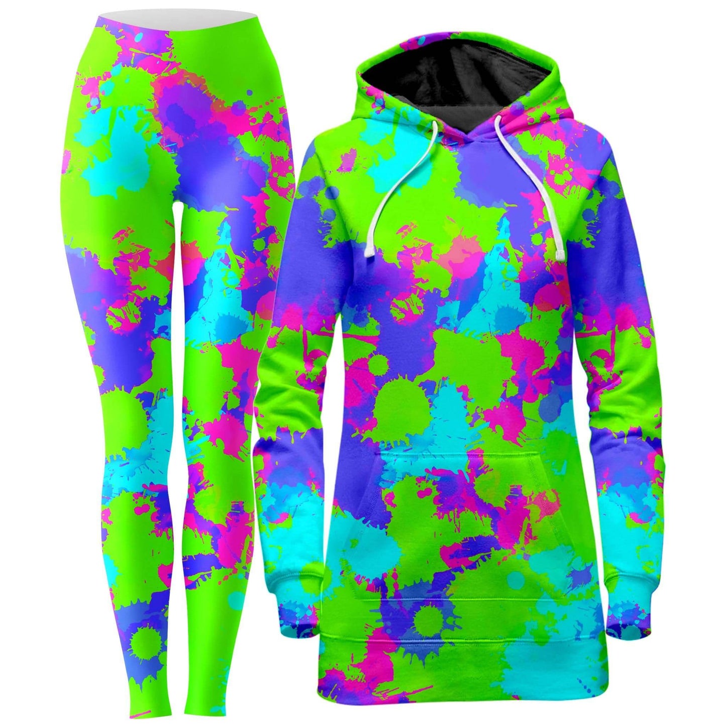 90s Neon Paint Splatter Hoodie Dress and Leggings Combo, Big Tex Funkadelic, | iEDM