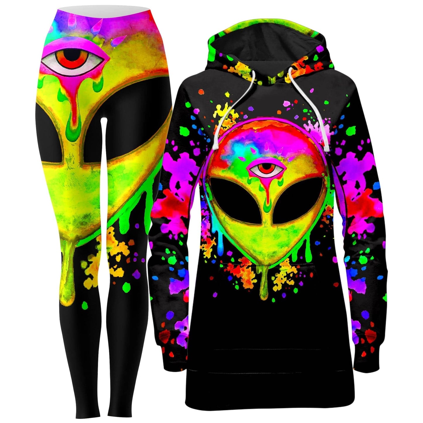 Splatter Alien Yellow Hoodie Dress and Leggings Combo, BrizBazaar, | iEDM