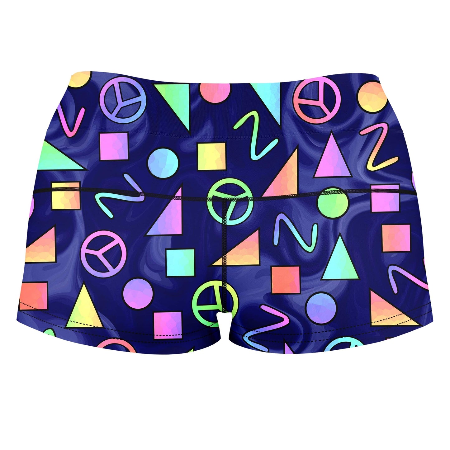 Retro Shapes Peace Symbols Blue High-Waisted Women's Shorts, Sartoris Art, | iEDM