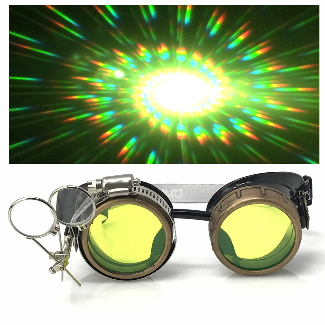 Steampunk Goggles With Magnifying Loupes UV Glow Neon Green Spiral Diffraction Lenses - iEDM