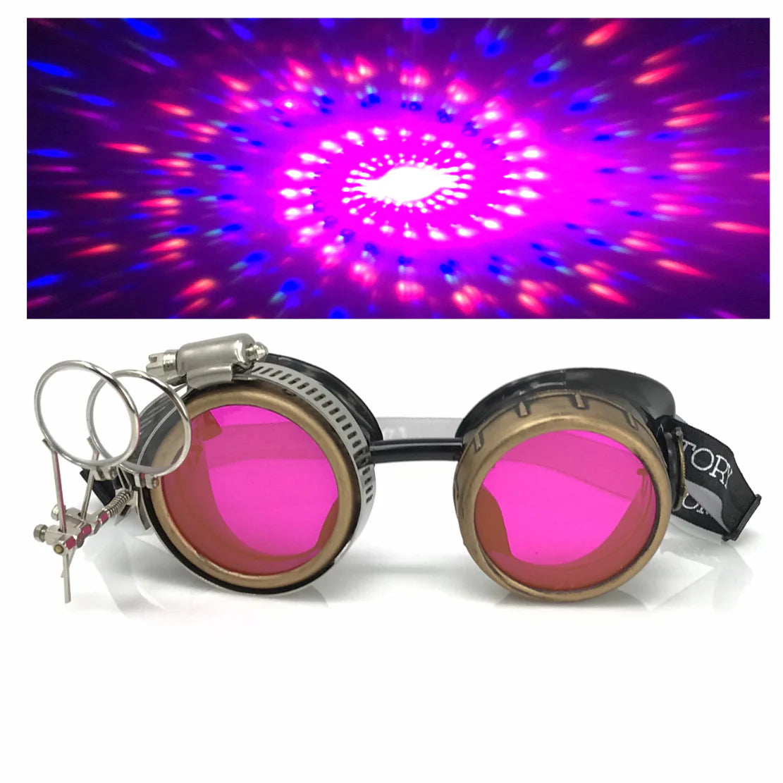 Steampunk Goggles With Magnifying Loupes UV Glow Neon Pink Spiral Diff