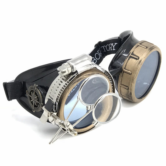 Steampunk Goggles With Magnifying Loupes UV Glow Neon Blue Lenses - iEDM