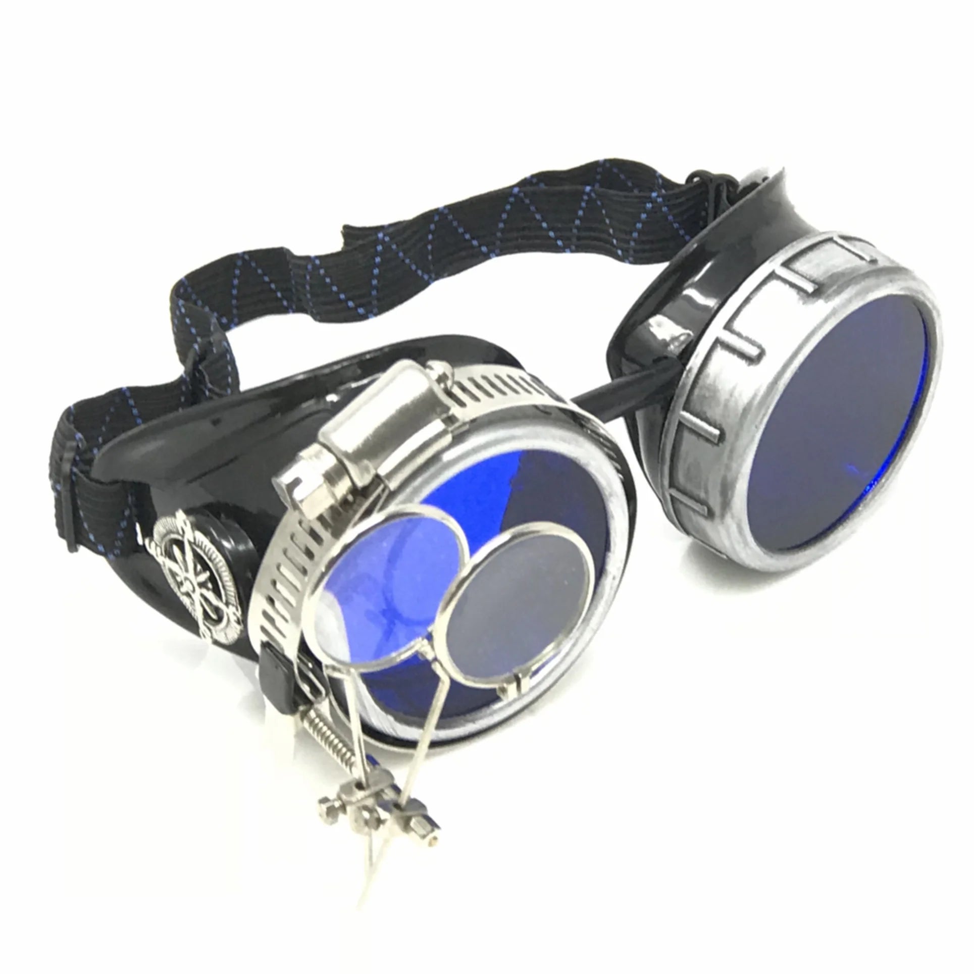 Diesel Goth Punk Metallic Goggles With Magnifying Eye Loupes Blue Lenses - iEDM