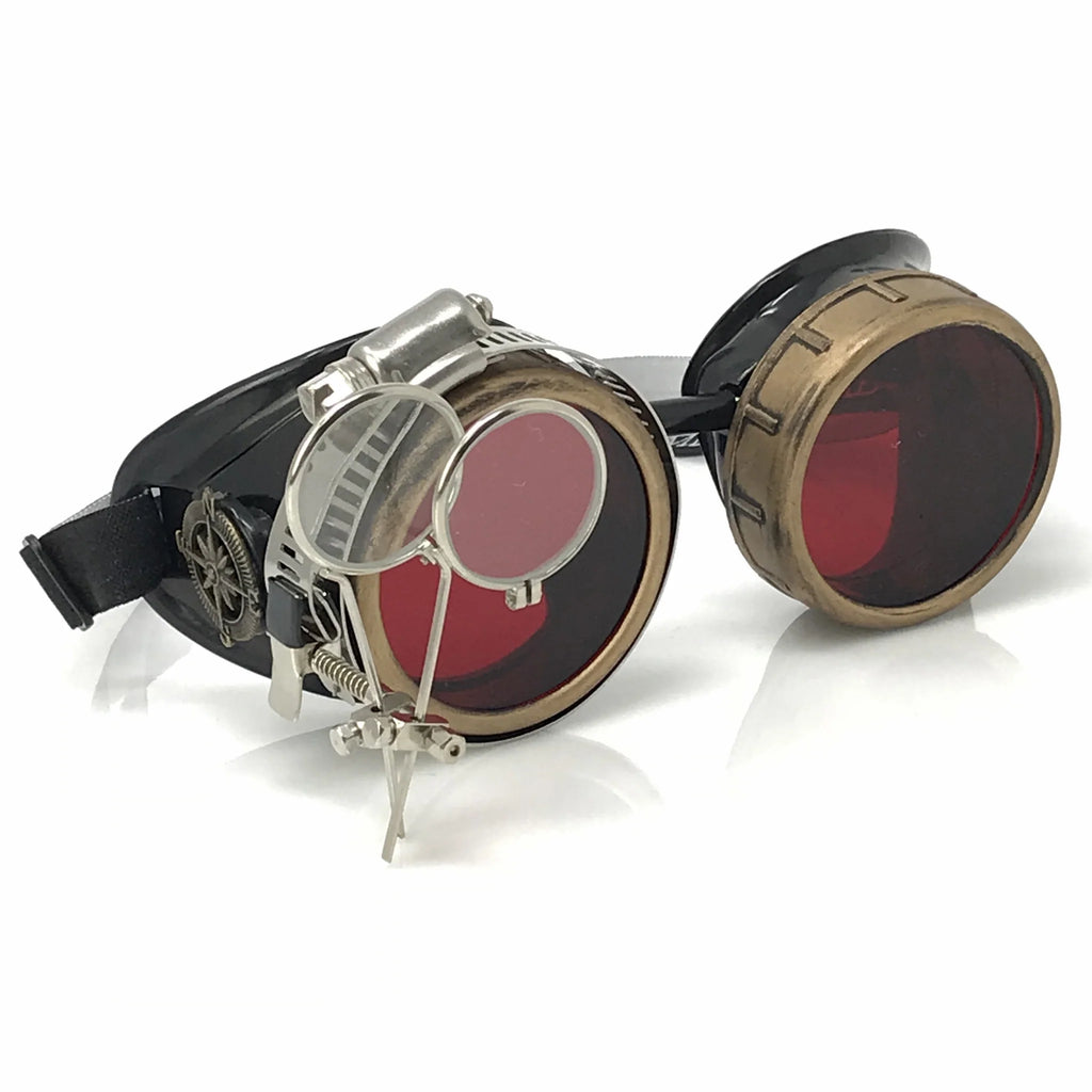 metal steampunk goggles Steampunk Goggles With Magnifying Loupes Red Lenses
