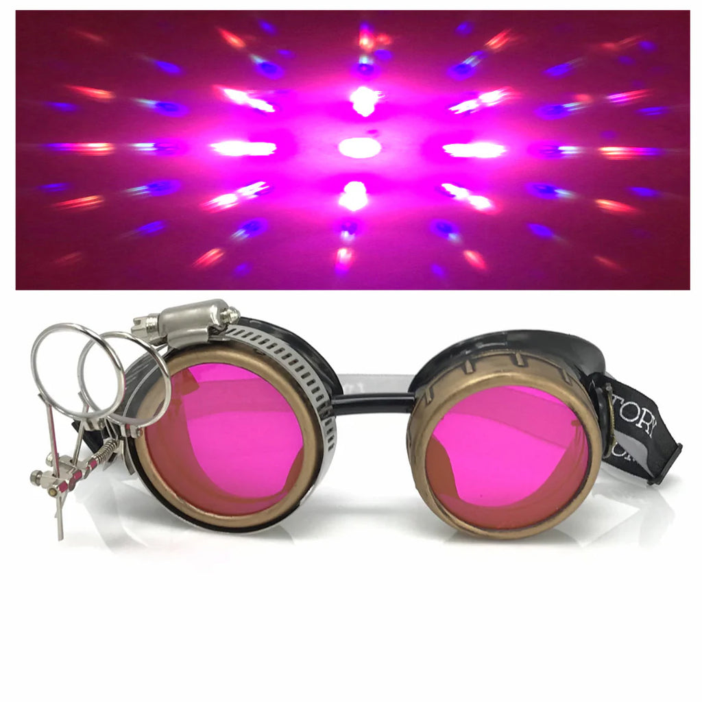 Steampunk Goggles With Magnifying Loupes UV Glow Neon Pink Prism Diffr