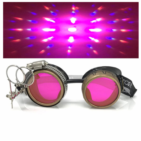 Steampunk Goggles With Magnifying Loupes UV Glow Neon Pink Prism Diffraction Lenses - iEDM