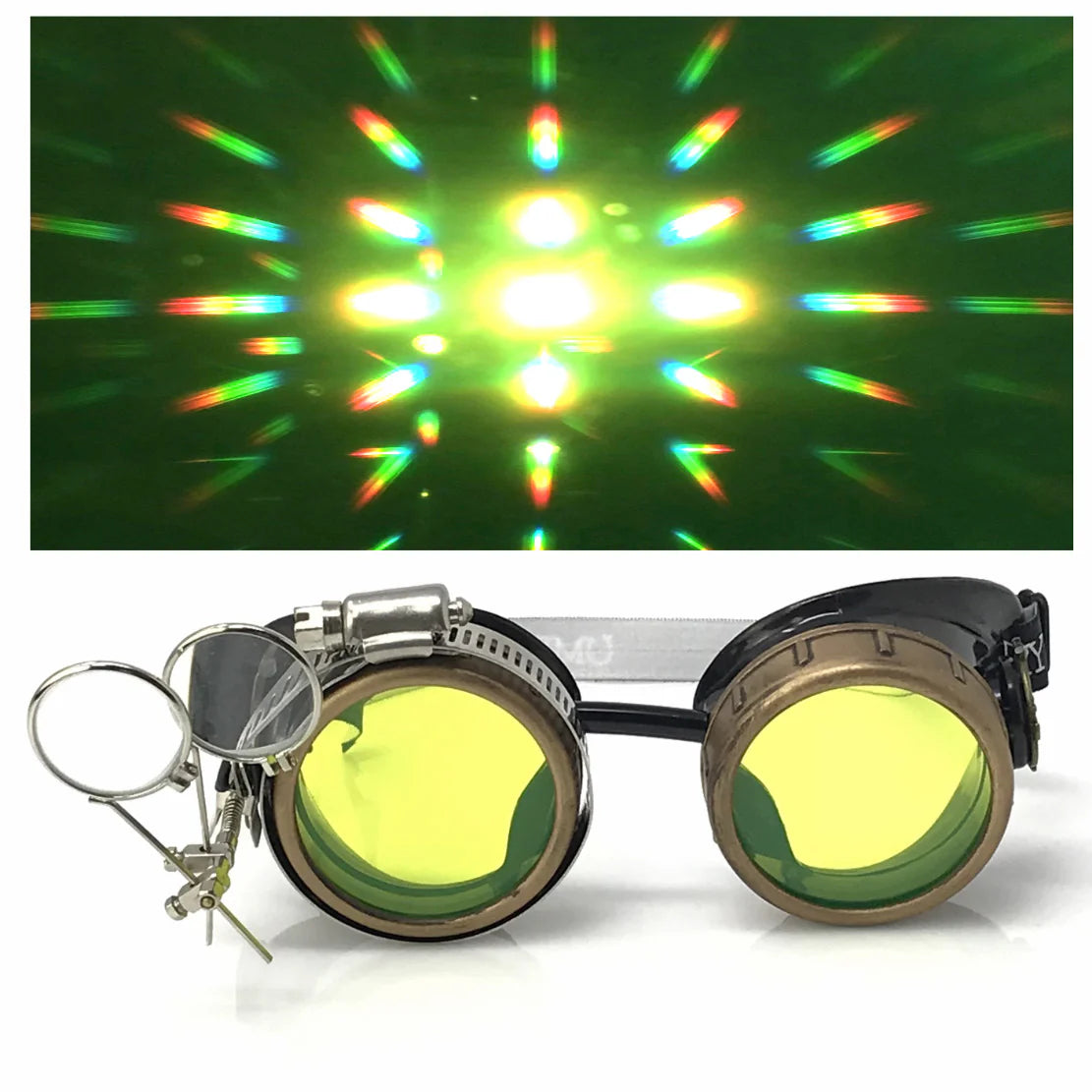 Steampunk Goggles With Magnifying Loupes UV Glow Neon Green Prism Diffraction Lenses - iEDM