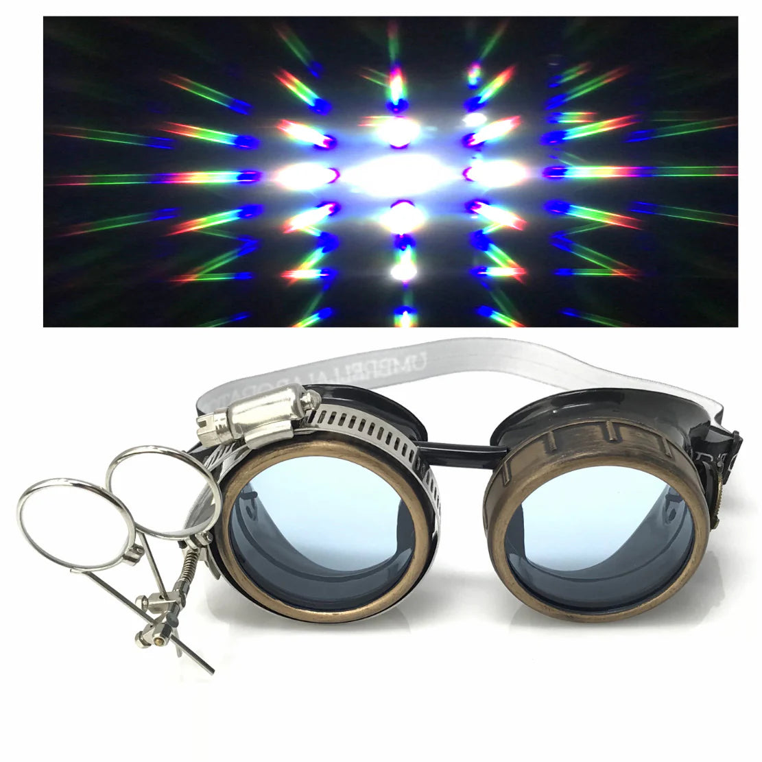 Steampunk Goggles With Magnifying Loupes UV Glow Neon Blue Prism Diffraction Lenses - iEDM
