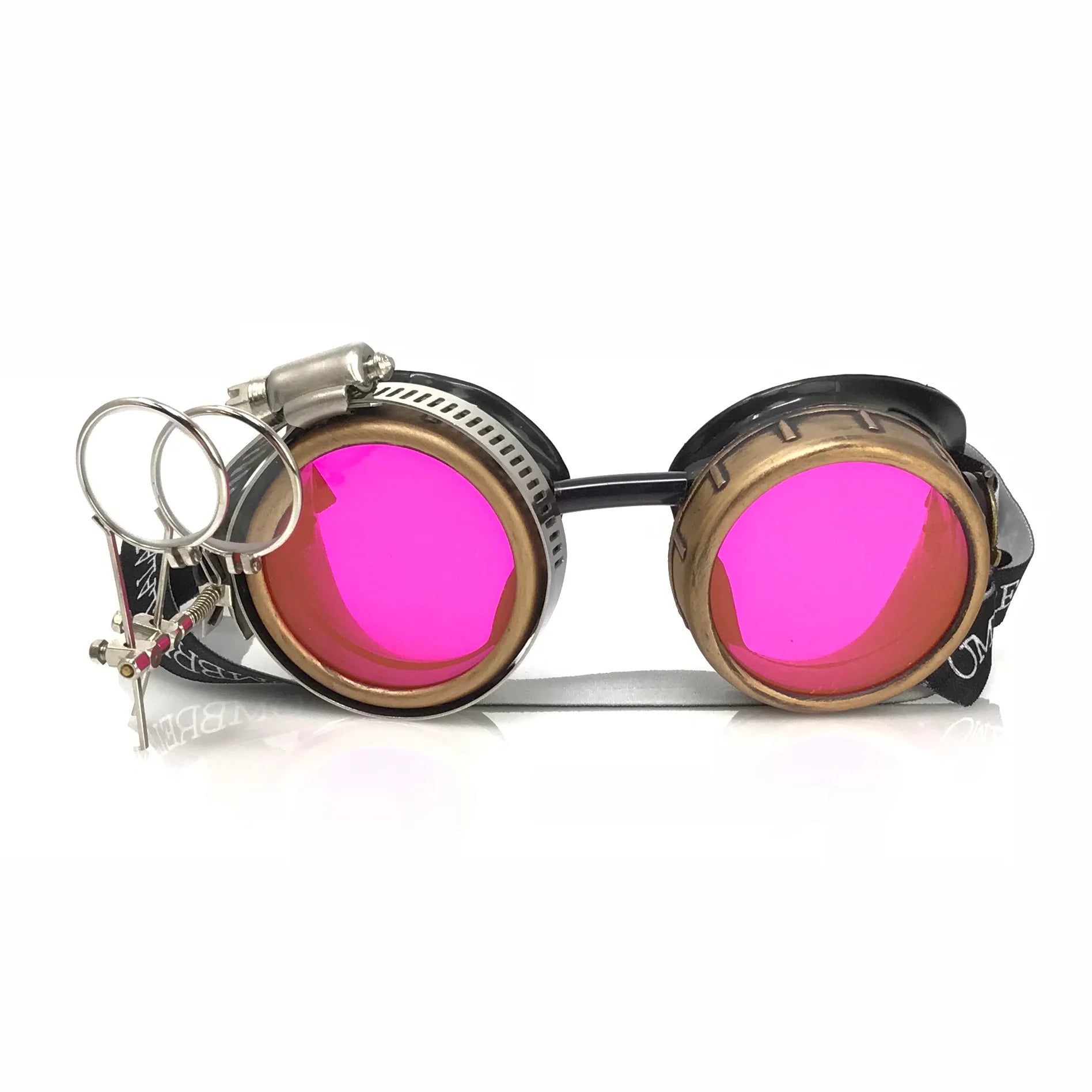 Steampunk Goggles With Magnifying Loupes UV Glow Neon Pink Spiral Diffraction Lenses - iEDM