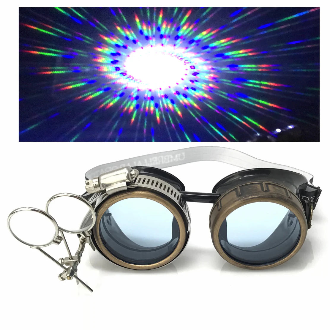 Steampunk Goggles With Magnifying Loupes UV Glow Neon Blue Spiral Diffraction Lenses - iEDM