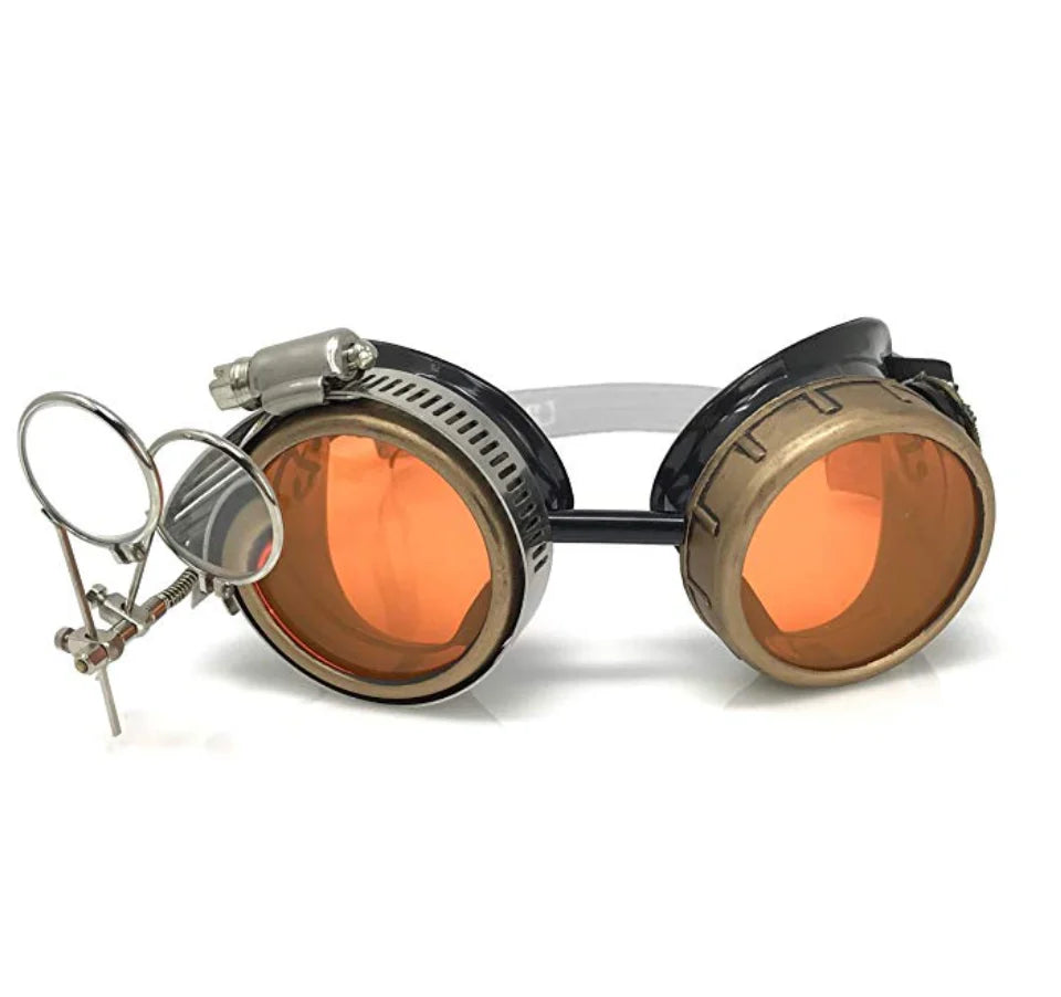 Steampunk Goggles With Magnifying Loupes UV Glow Neon Orange Prism Diffraction Lenses - iEDM