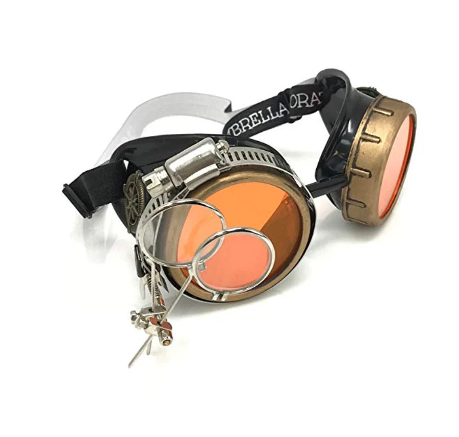 Steampunk Goggles With Magnifying Loupes UV Glow Neon Orange Prism Diffraction Lenses - iEDM