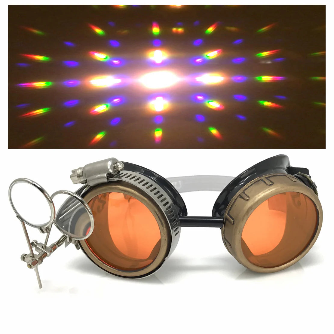 Steampunk Goggles With Magnifying Loupes UV Glow Neon Orange Prism Dif