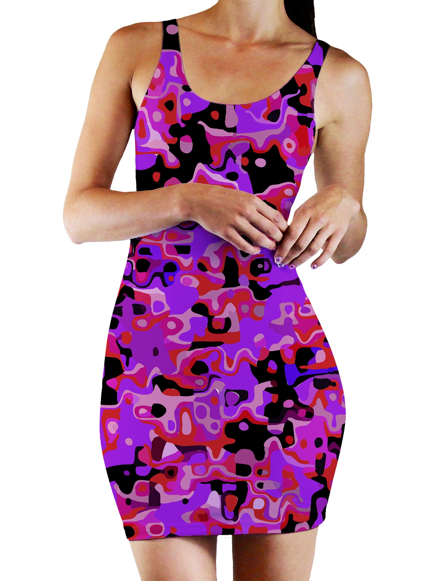 Purple Red and Black Rave Camo Melt Bodycon Mini Dress, Big Tex Funkadelic, | iEDM