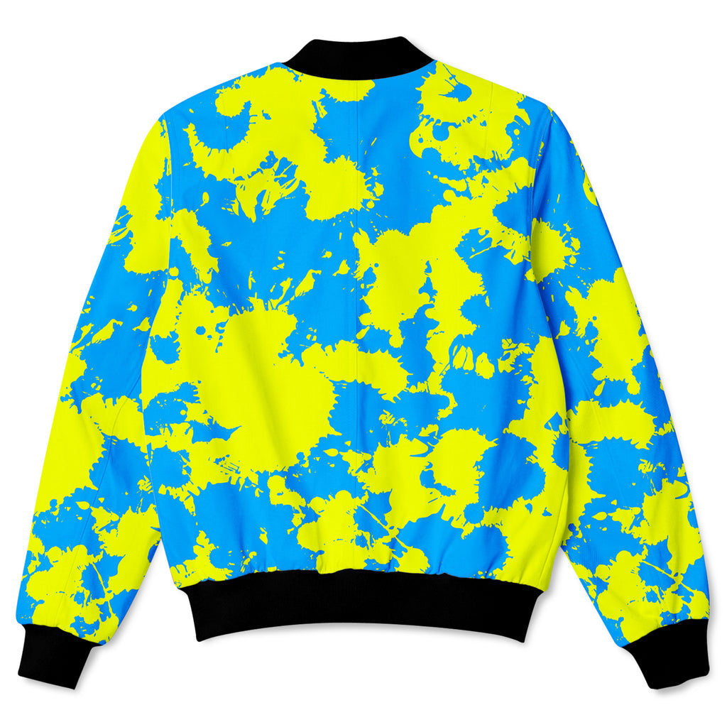 Yellow and Blue Paint Splatter Bomber Jacket, Big Tex Funkadelic, | iEDM