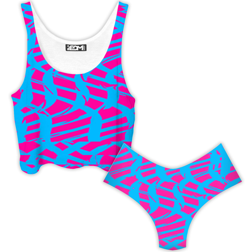 Pink and Blue Squiggly Rave Checkered Crop Top and Booty Shorts Combo, Big Tex Funkadelic, | iEDM