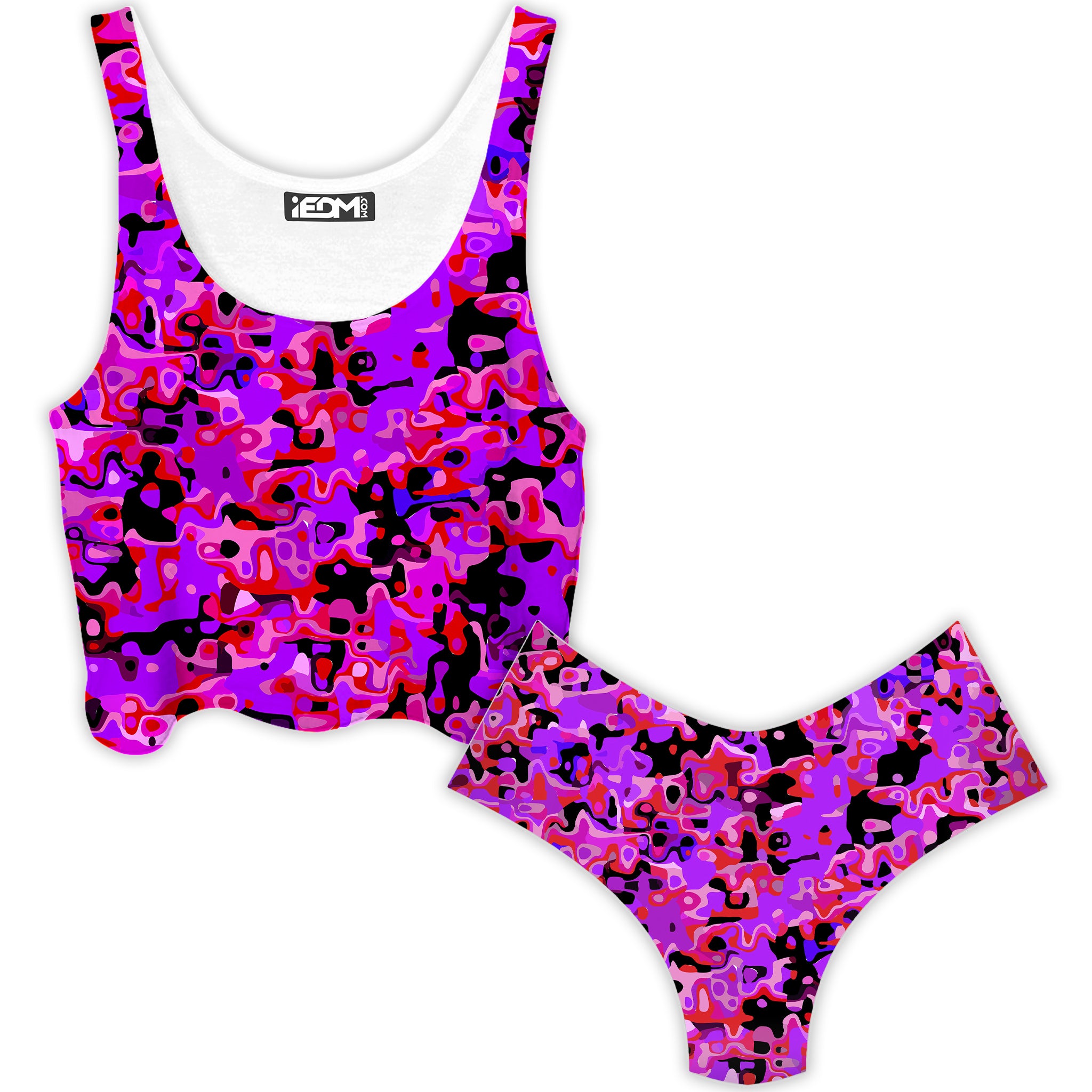 Purple Red and Black Rave Camo Melt Crop Top and Booty Shorts Combo | iEDM