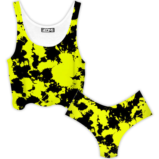 Yellow and Black Paint Splatter Crop Top and Booty Shorts Combo, Big Tex Funkadelic, | iEDM