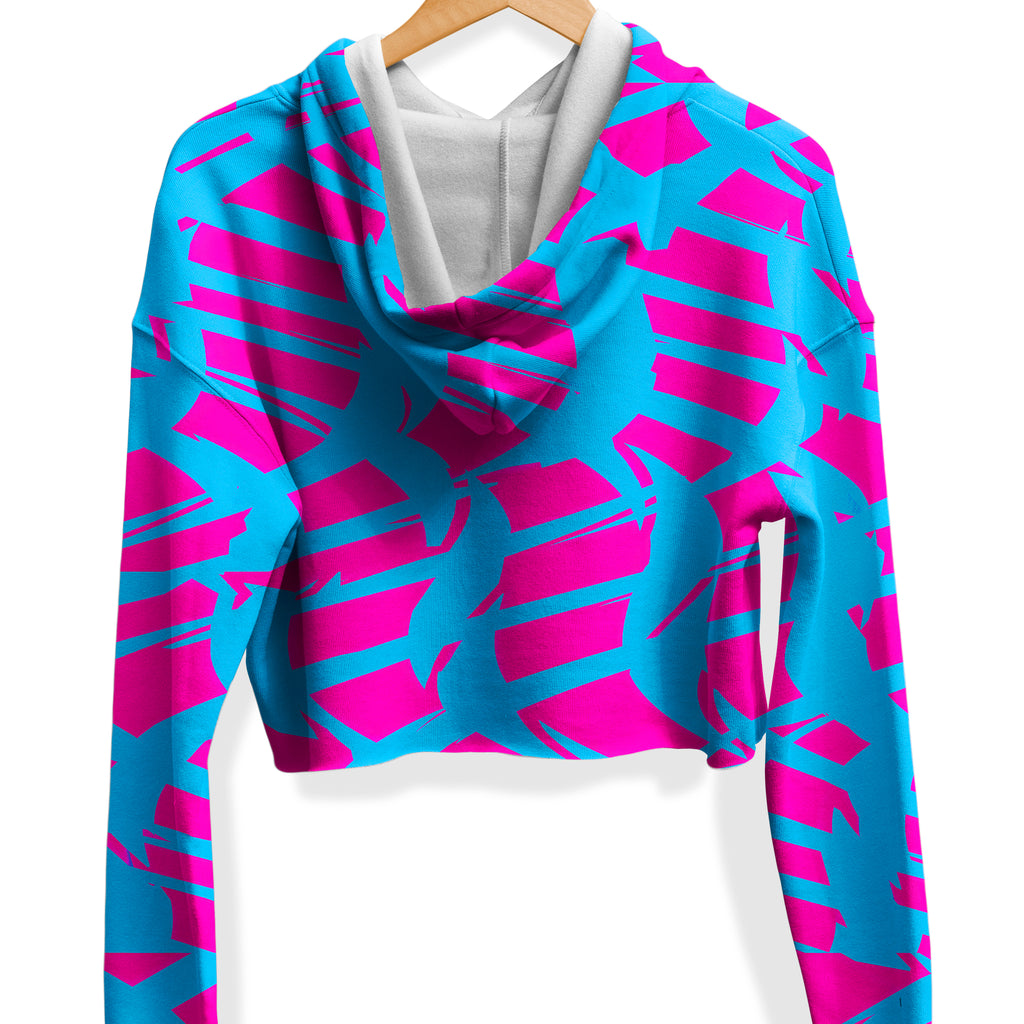 Pink and Blue Squiggly Rave Checkered Fleece Crop Hoodie, Big Tex Funkadelic, | iEDM
