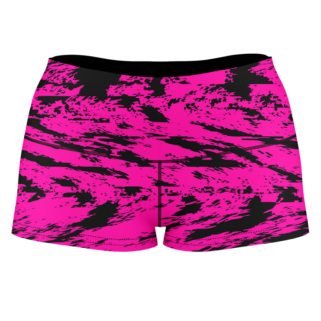 Pink and Black Rave Glitch Splatter High-Waisted Women's Shorts, Big Tex Funkadelic, | iEDM