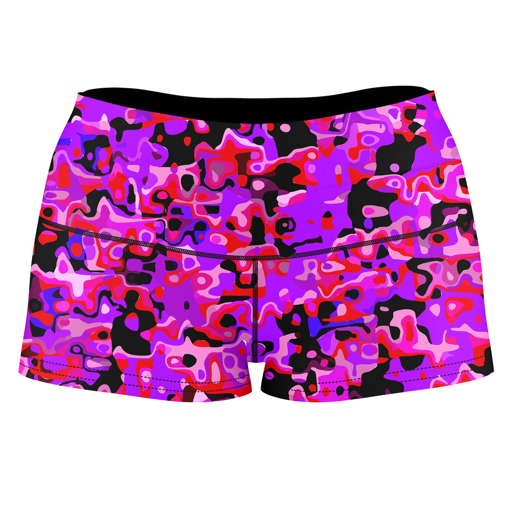 Purple Red and Black Rave Camo Melt High-Waisted Women's Shorts, Big Tex Funkadelic, | iEDM