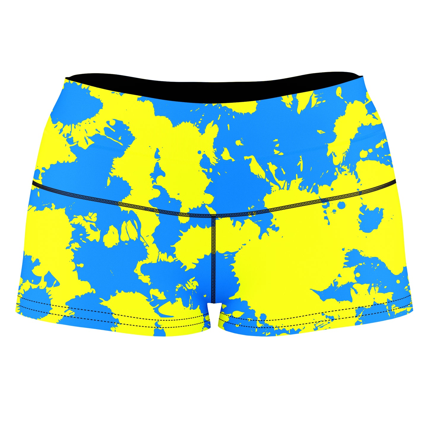 Yellow and Blue Paint Splatter High-Waisted Women's Shorts, Big Tex Funkadelic, | iEDM
