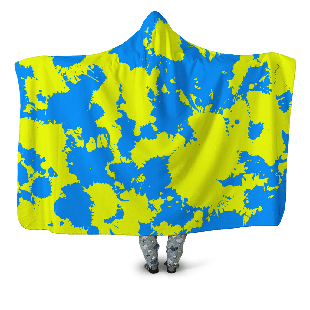 Yellow and Blue Paint Splatter Hooded Blanket, Big Tex Funkadelic, | iEDM