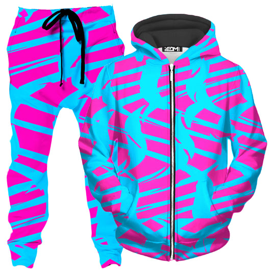 Pink and Blue Squiggly Rave Checkered Zip-Up Hoodie and Joggers Combo, Big Tex Funkadelic, | iEDM