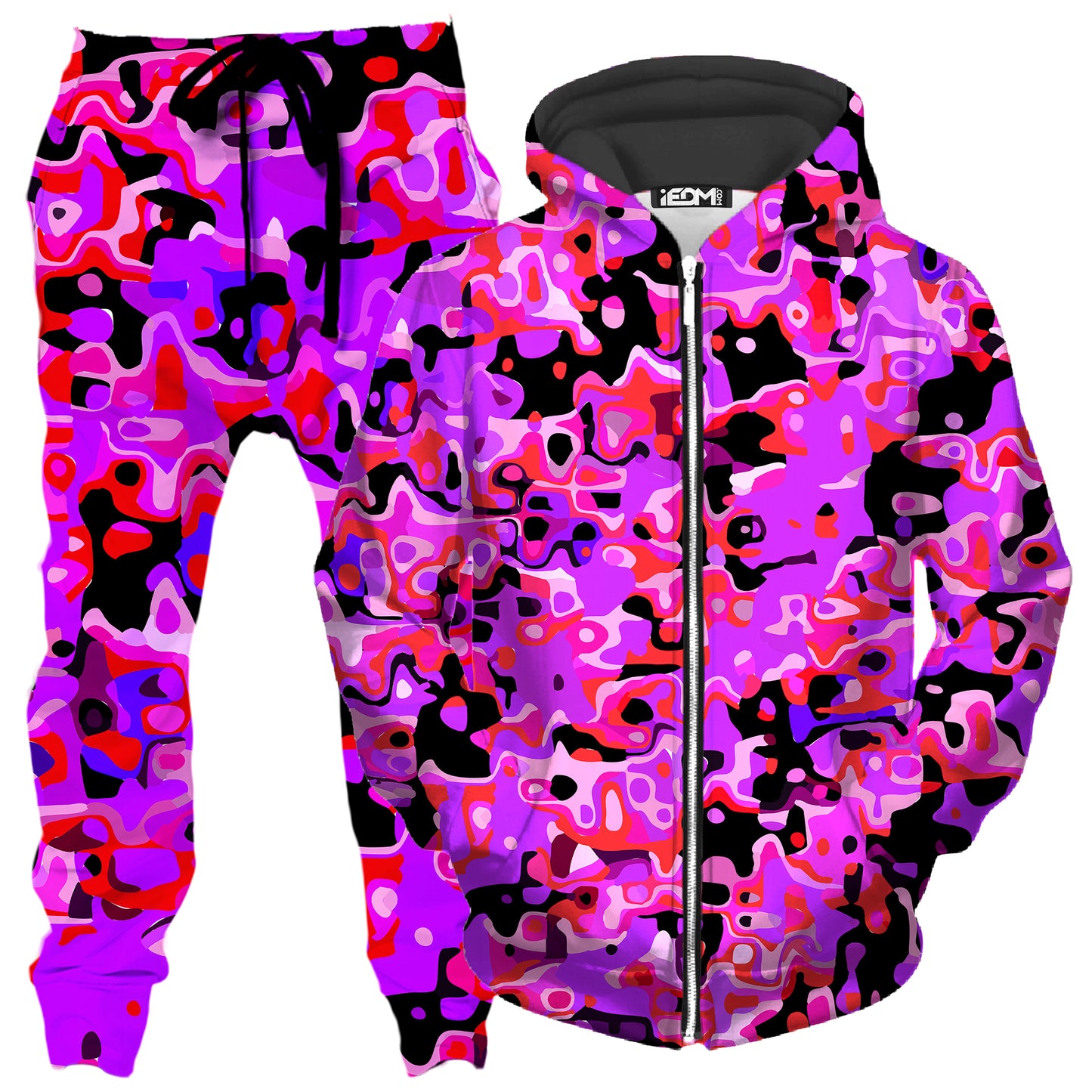 Purple Red and Black Rave Camo Melt Zip-Up Hoodie and Joggers Combo, Big Tex Funkadelic, | iEDM