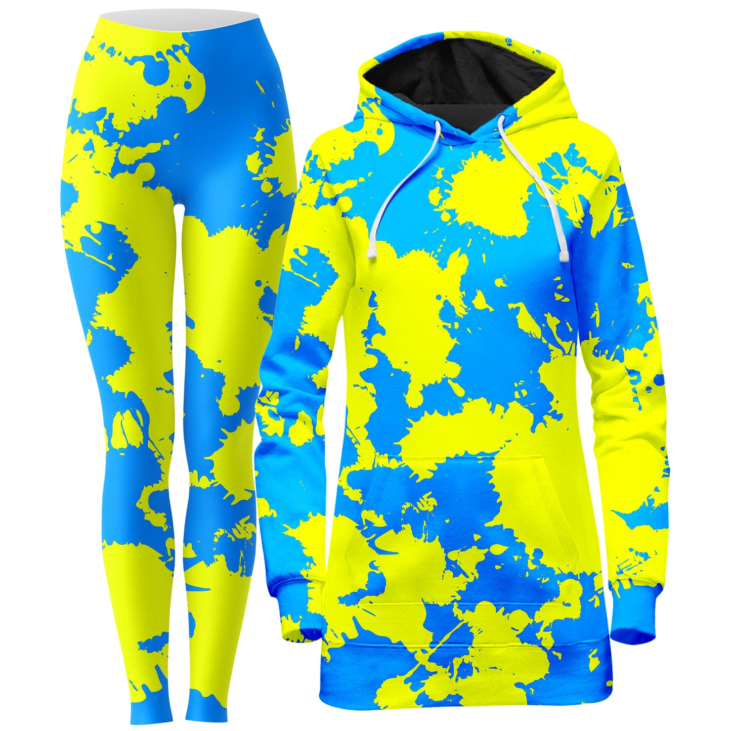 Yellow and Blue Paint Splatter Hoodie Dress and Leggings Combo, Big Tex Funkadelic, | iEDM