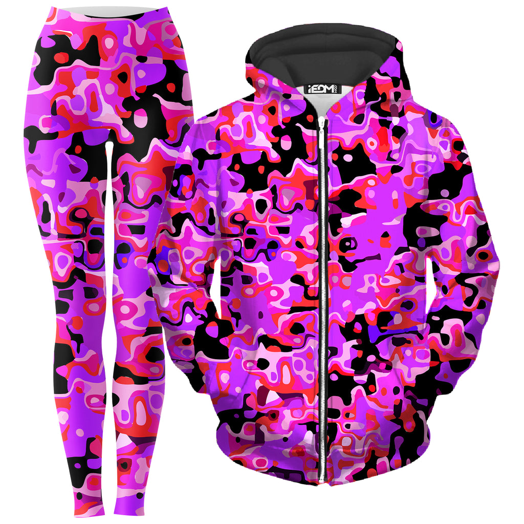 Purple Red and Black Rave Camo Melt Zip-Up Hoodie and Leggings Combo, Big Tex Funkadelic, | iEDM