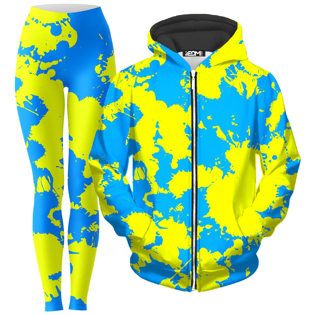 Yellow and Blue Paint Splatter Zip-Up Hoodie and Leggings Combo, Big Tex Funkadelic, | iEDM