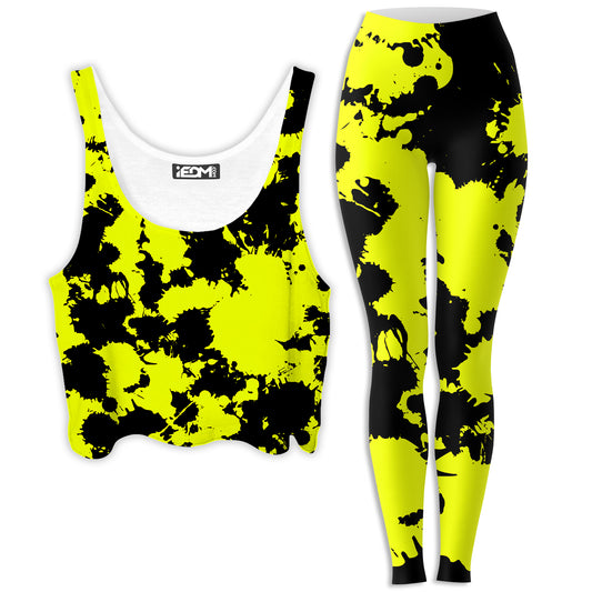 Yellow and Black Paint Splatter Crop Top and Leggings Combo, Big Tex Funkadelic, | iEDM