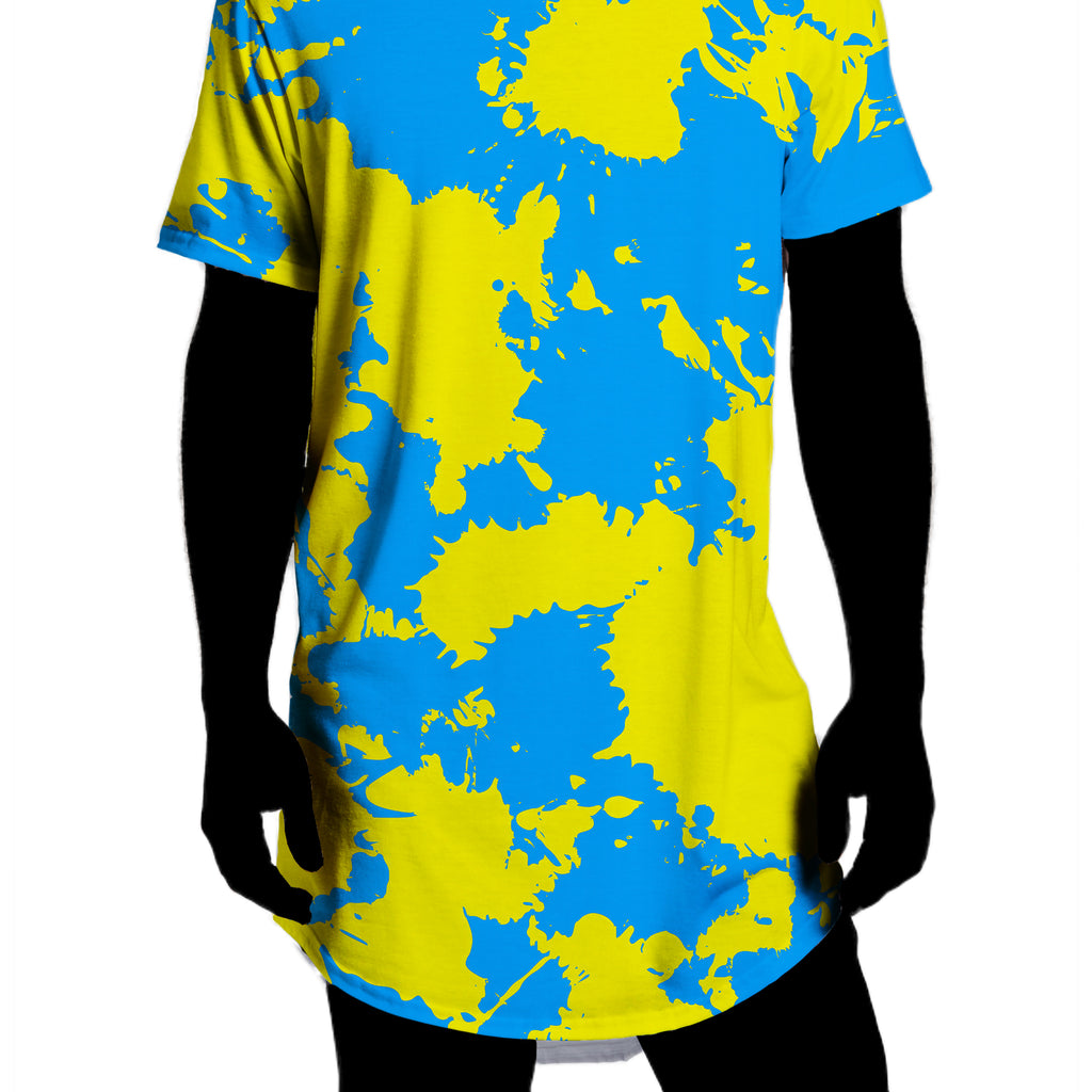 Yellow and Blue Paint Splatter Drop Cut T-Shirt, Big Tex Funkadelic, | iEDM