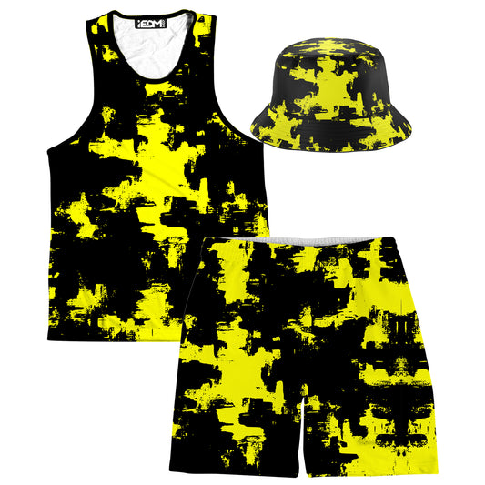 Black and Yellow Abstract Tank and Shorts with Bucket Hat Combo, Big Tex Funkadelic, | iEDM