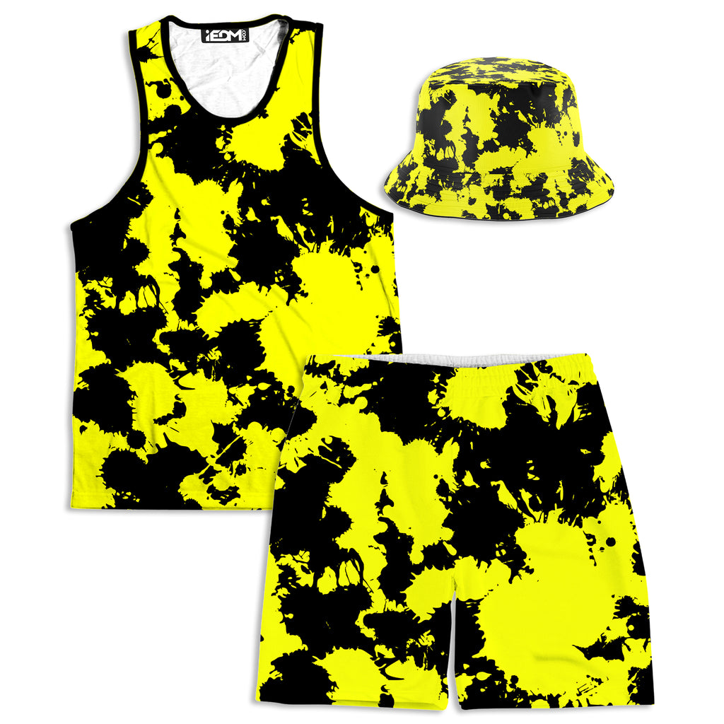 Yellow and Black Paint Splatter Tank and Shorts with Bucket Hat Combo, Big Tex Funkadelic, | iEDM