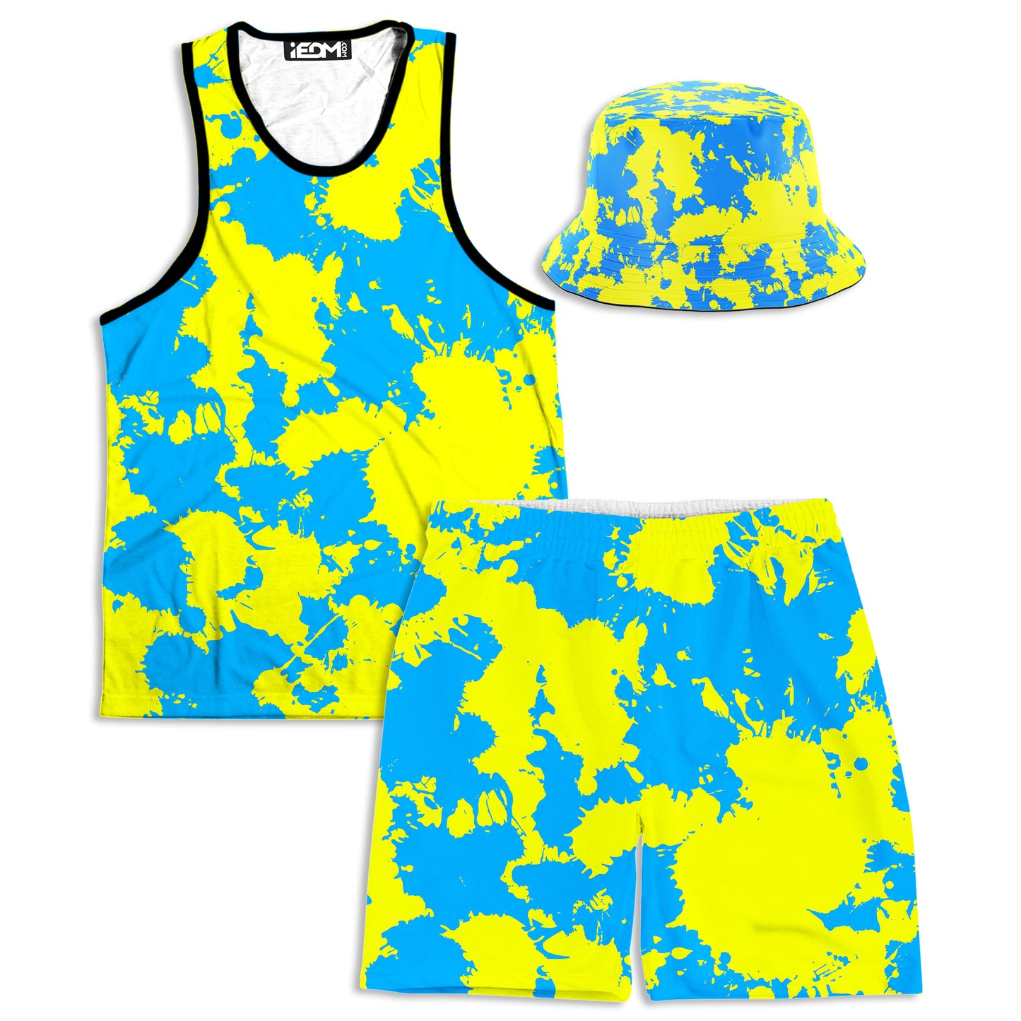 Yellow and Blue Paint Splatter Tank and Shorts with Bucket Hat Combo, Big Tex Funkadelic, | iEDM