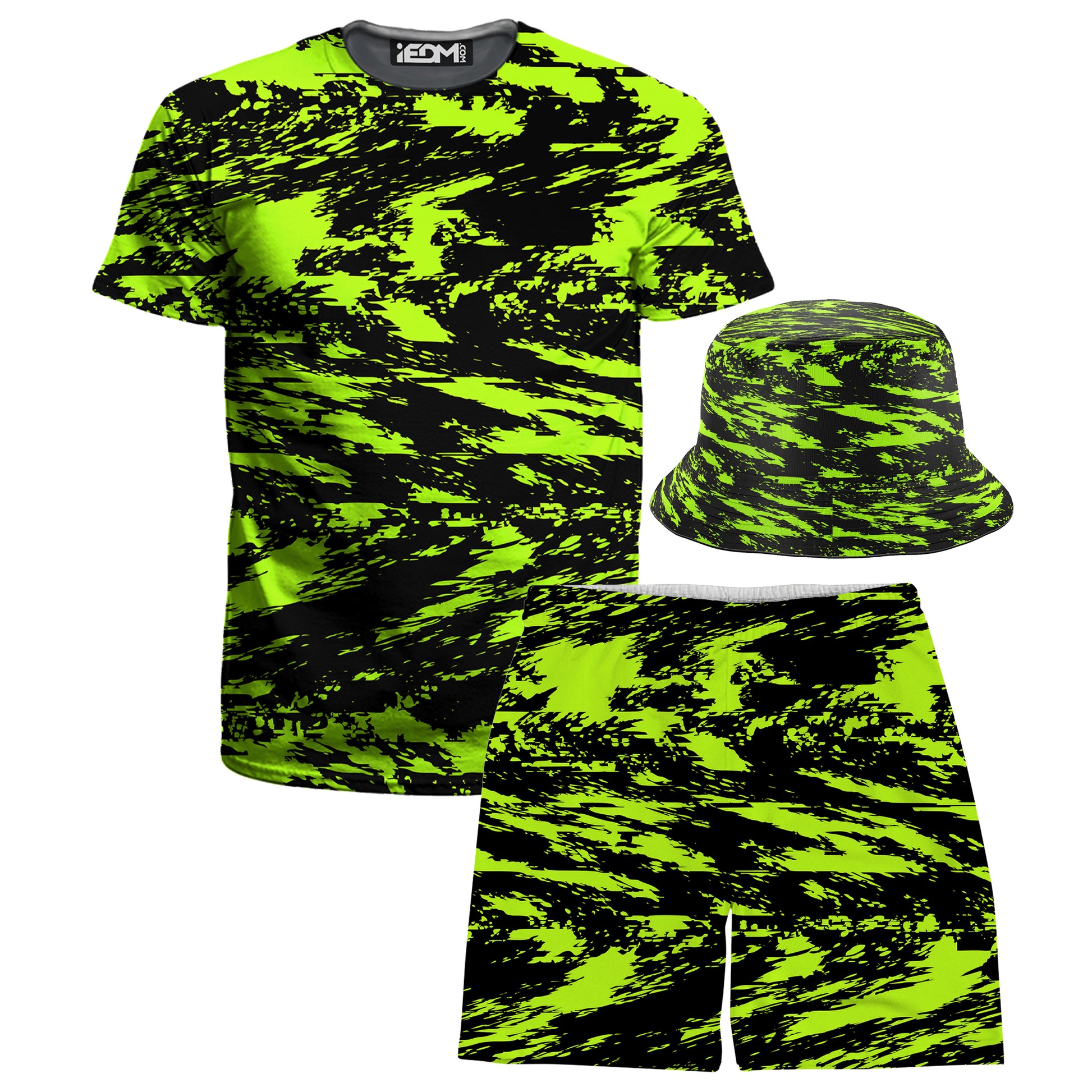 Black Lime Bolt Glitch T-Shirt and Shorts with Bucket Hat Combo, Big Tex Funkadelic, | iEDM