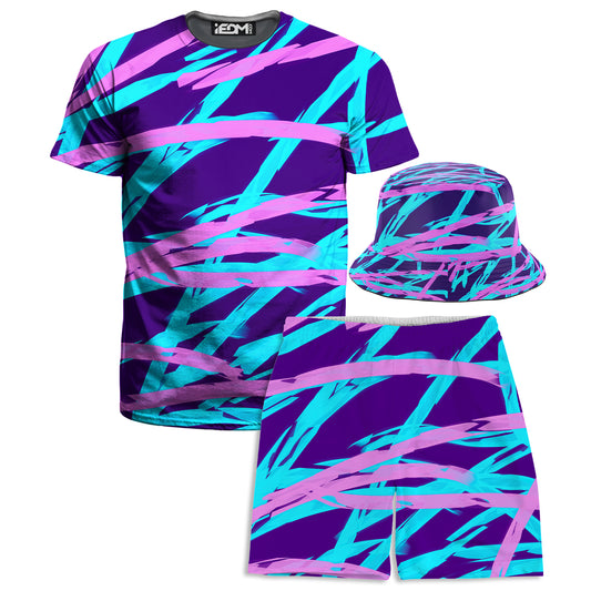 Purple and Blue Rave Abstract T-Shirt and Shorts with Bucket Hat Combo, Big Tex Funkadelic, | iEDM