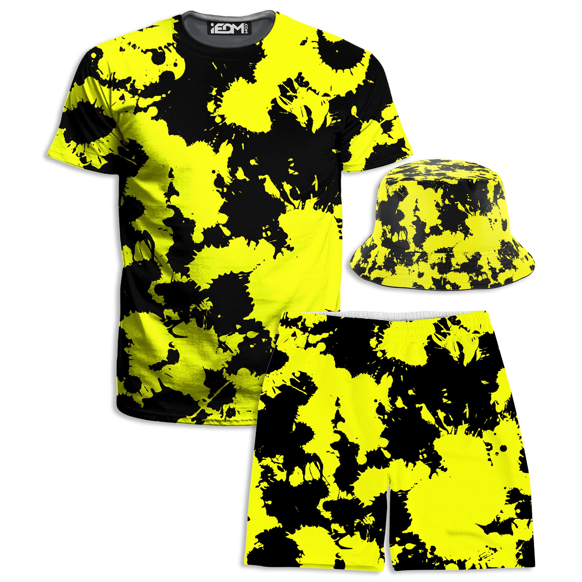 Yellow and Black Paint Splatter T-Shirt and Shorts with Bucket Hat Combo, Big Tex Funkadelic, | iEDM