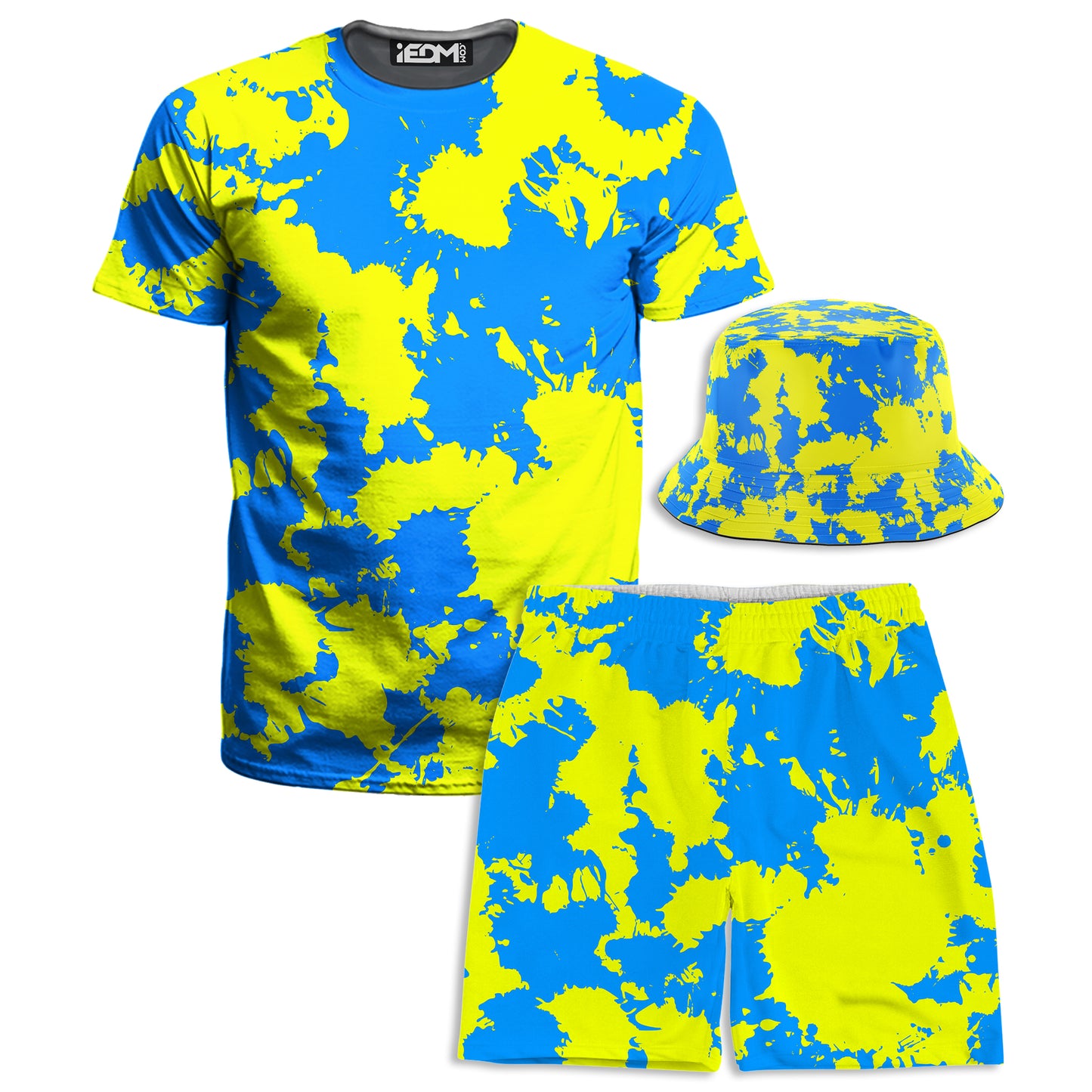 Yellow and Blue Paint Splatter T-Shirt and Shorts with Bucket Hat Combo, Big Tex Funkadelic, | iEDM