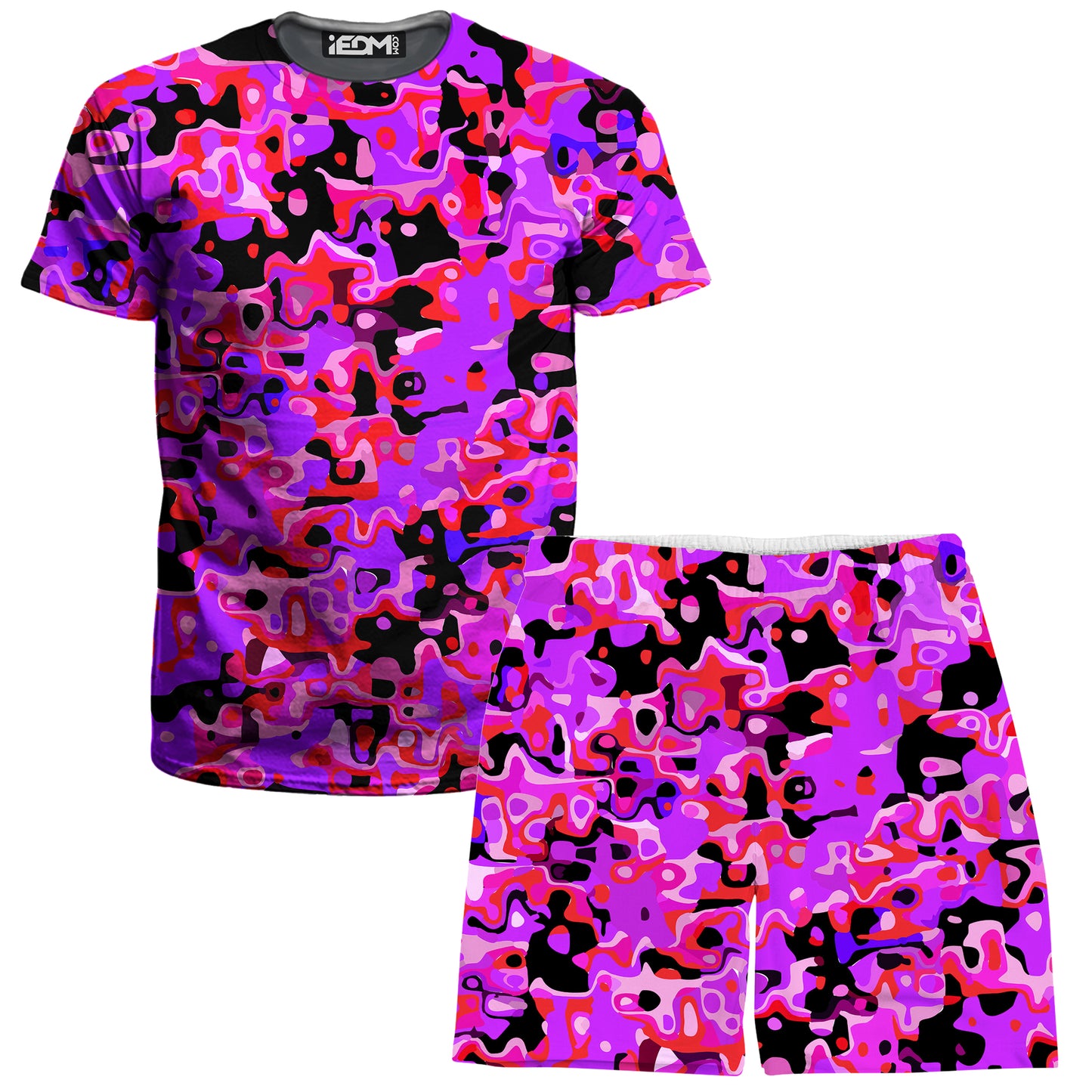 Purple Red and Black Rave Camo Melt T-Shirt and Shorts Combo, Big Tex Funkadelic, | iEDM
