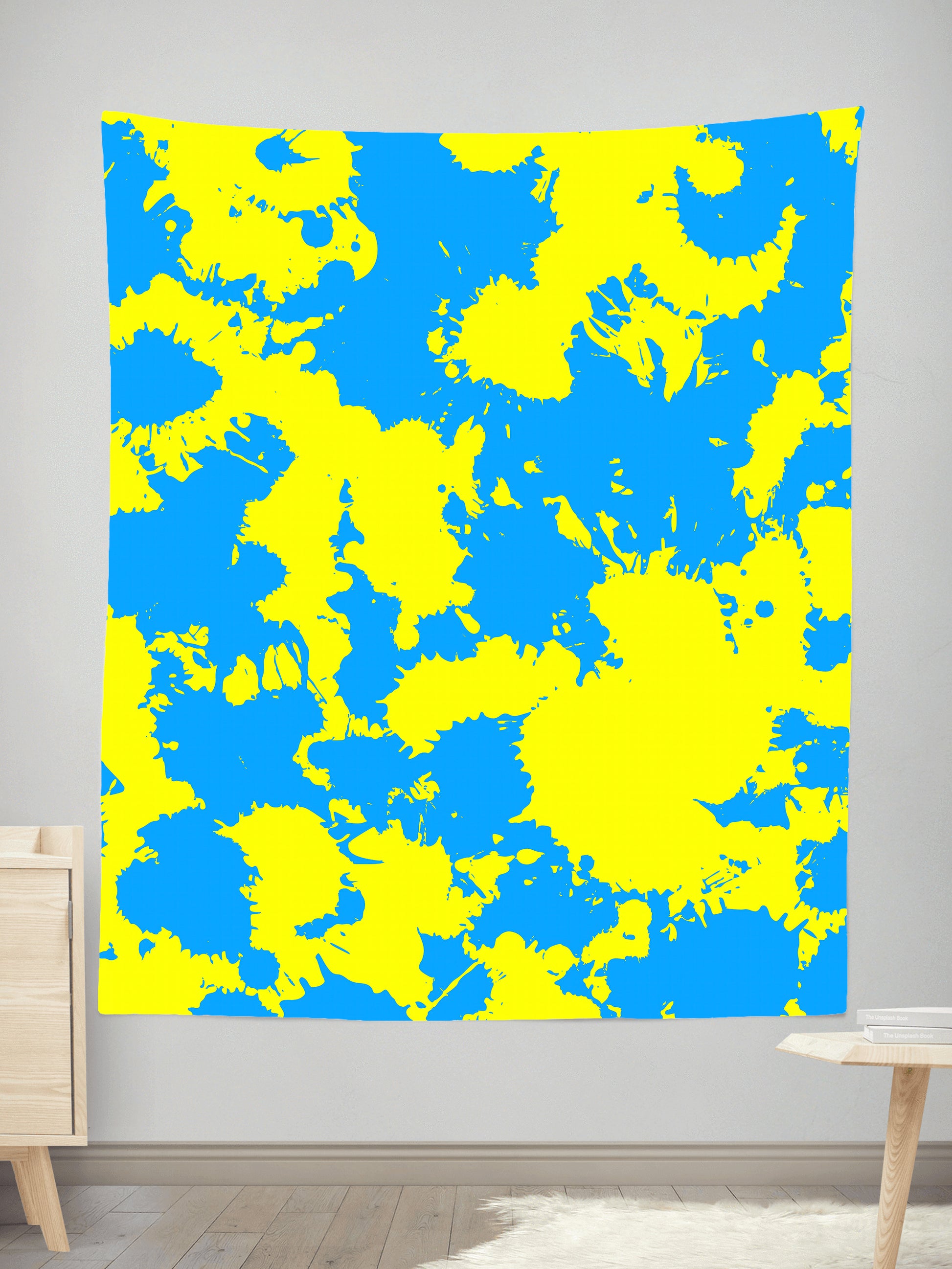 Yellow and Blue Paint Splatter Tapestry, Big Tex Funkadelic, | iEDM