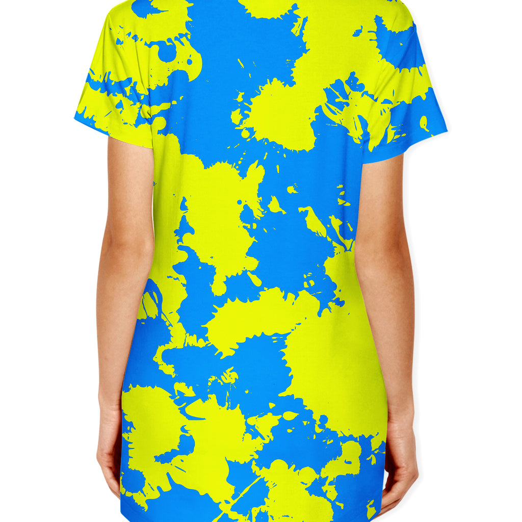 Yellow and Blue Paint Splatter Drop Cut T-Shirt, Big Tex Funkadelic, | iEDM