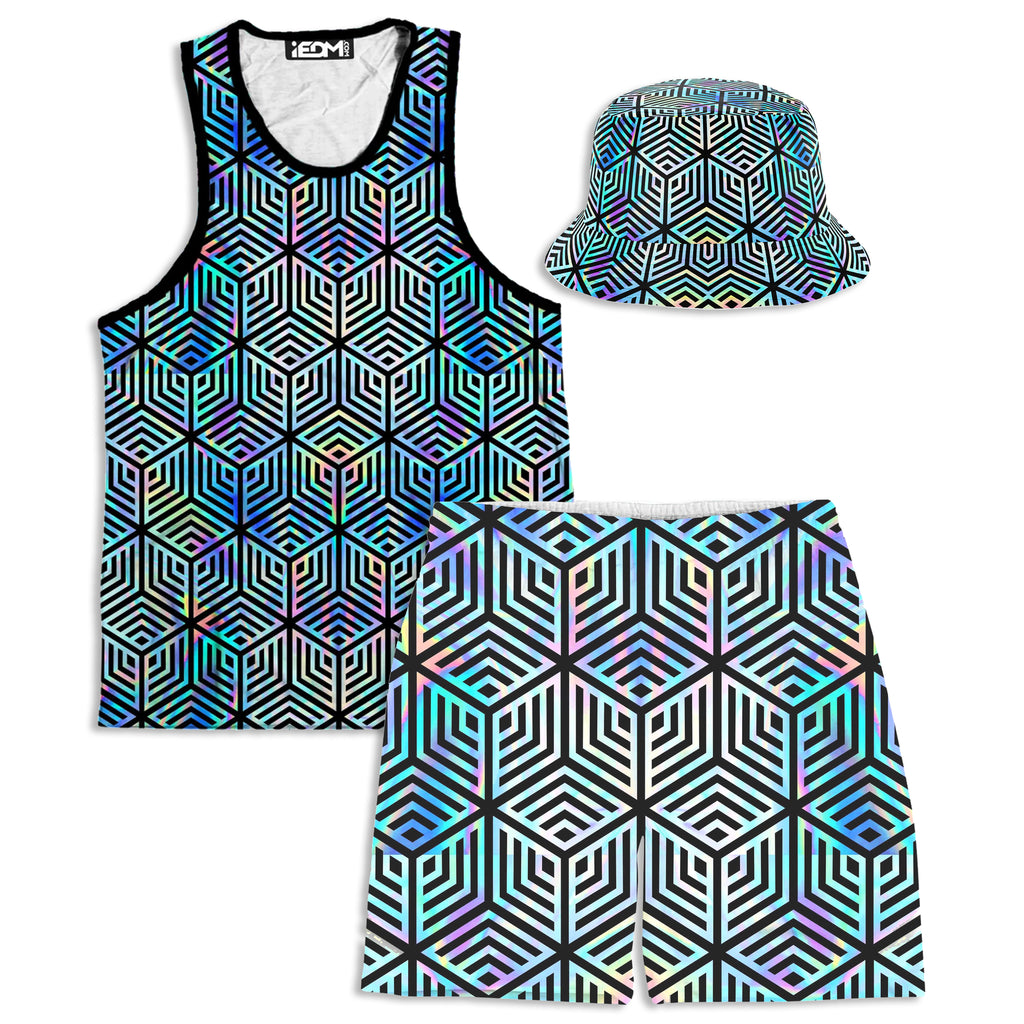 Holographic Hexagon Tank and Shorts with Bucket Hat Combo, Noctum X Truth, | iEDM