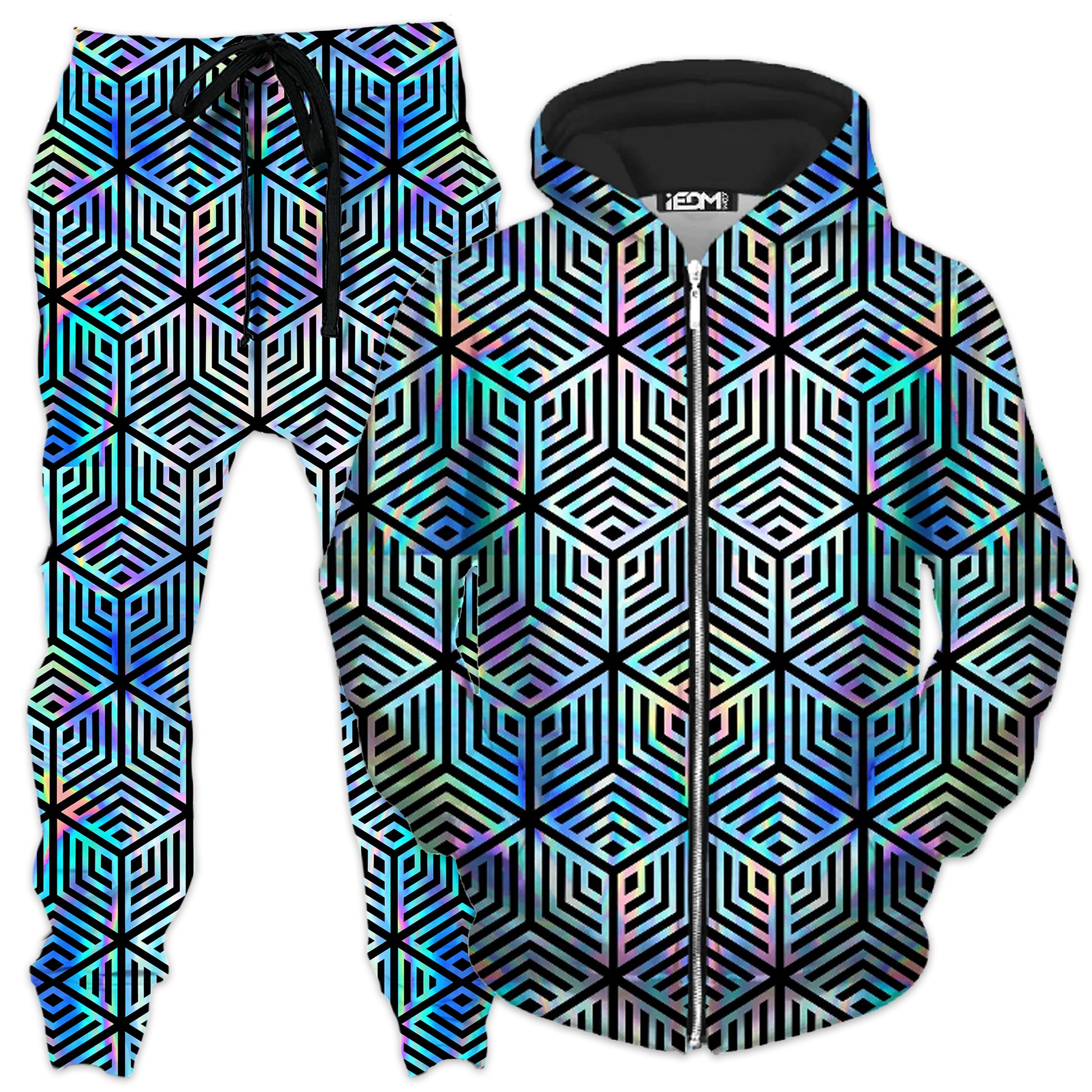 Holographic Hexagon Zip-Up Hoodie and Joggers Combo - iEDM