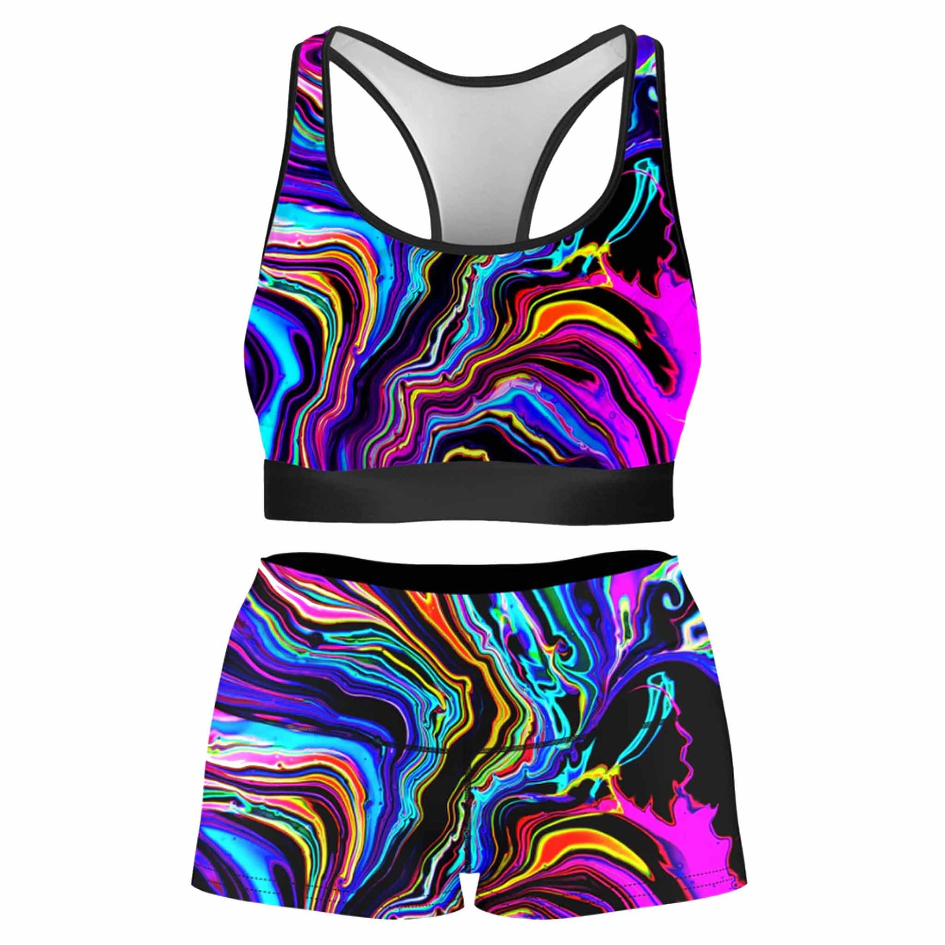 Neon Rift Rave Bra and High Waist Booty Shorts Combo, Psychedelic Pourhouse, | iEDM